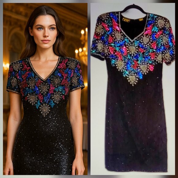 VTG Mark & John Beaded Sequins 100% Silk Cocktail Dress with Sweetheart Neckline - Picture 1 of 16